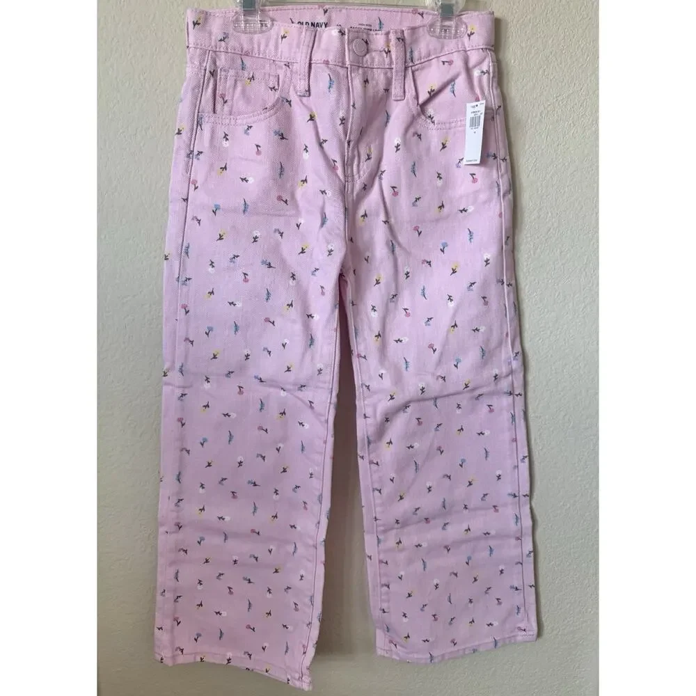 Old Navy Floral Printed High Waisted Baggy Wide Leg Girls Jeans Pants Size 10